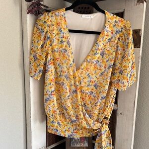 Lush beautiful  Yellow Floral Wrap Top with Blue and Orange Accents